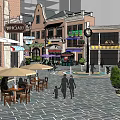Vibrant Commercial Street With Shops Cafes Outdoor Seating And Decorative Buildings