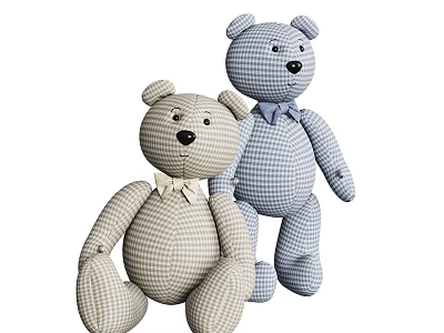Cute Stuffed Bear Toys With Checkered Pattern Bow Ties In Beige And Blue Colors 3d model