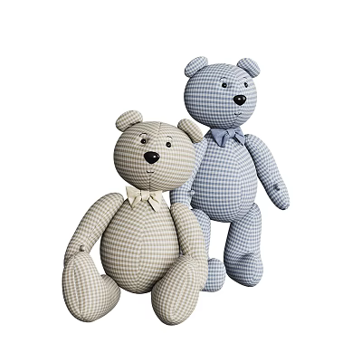 Cute Stuffed Bear Toys With Checkered Pattern Bow Ties In Beige And Blue Colors 3d model