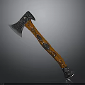 Ornate Decorative Axe With Carved Metal Head And Orange Wooden Handle