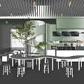 Modern Cafe Interior Design With Green Walls White Tables Chairs And Indoor Plants