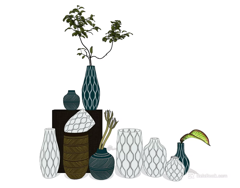 Various Decorative Vases With Floral Branches And Geometric Patterns For Interior Decor Design 3d model