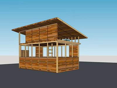 Two Story Wooden Building Featuring Open Design Glass Windows And Ladder 3d model