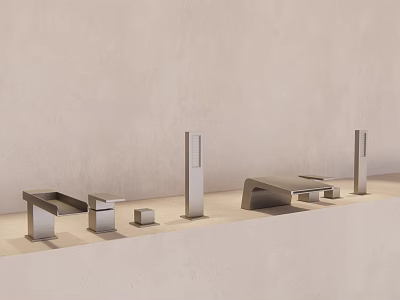 Modern Bathroom Faucets With Minimalist Design And Metal Accessories On Light Colored Wall 3d model