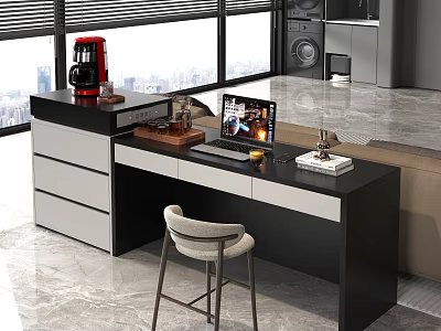Modern Functional Desk With Laptop Coffee Mug Book And City Window View 3d model