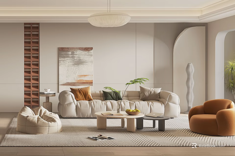Elegant Modern Dining Living Room Interior Design With Beige Sofa Pillows Coffee Table And Artwork 3d model 