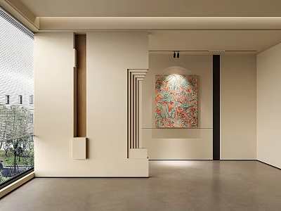 Modern Entryway Hallway With Large Window Blinds Greenery View Decorative Wall And Colorful Painting 3d model