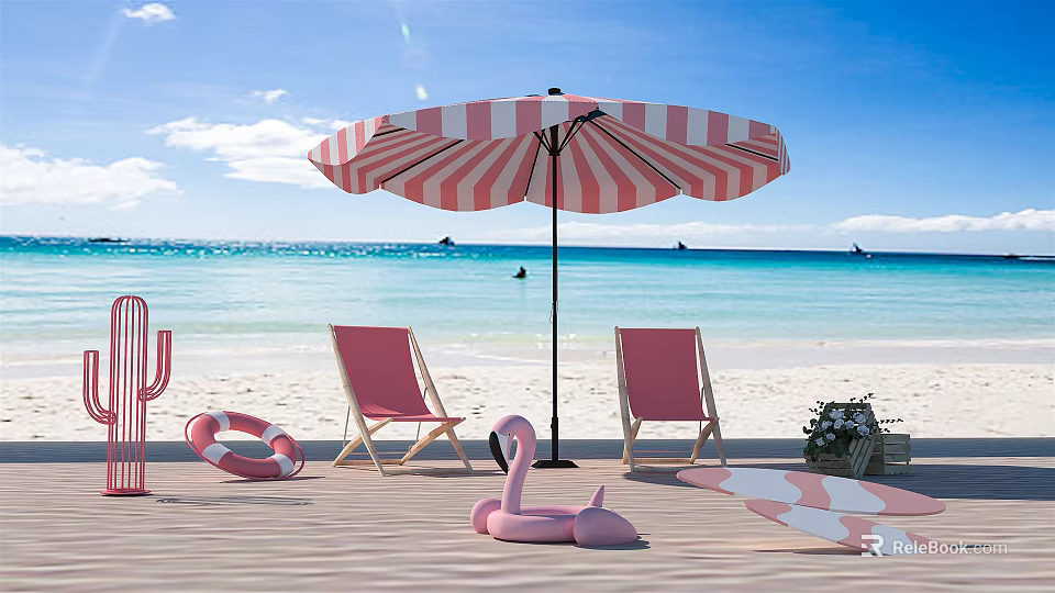 Summer Beach Scene With Pink White Striped Umbrella Beach Chairs Flamingo Inflatable And Pool Float 3d model 