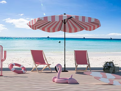 Summer Beach Scene With Pink White Striped Umbrella Beach Chairs Flamingo Inflatable And Pool Float 3d model