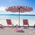 Summer Beach Scene With Pink White Striped Umbrella Beach Chairs Flamingo Inflatable And Pool Float