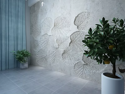 Indoor Interior Featuring Leaf Patterned Relief Wall Potted Plants Blue Curtains And Gray Tiled Floor 3d model