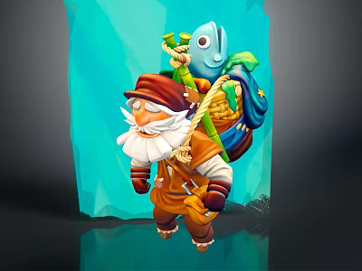 Bearded Old Man In Brown Outfit Carrying Blue Turtle With Green Plants On Back 3d model