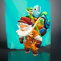 Bearded Old Man In Brown Outfit Carrying Blue Turtle With Green Plants On Back