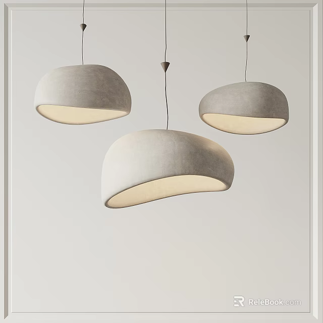Three Modern Gray Dome Shaped Pendant Lights With Soft Lighting On White Wall 3d model