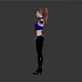 Woman in Blue Halter Top and Black Tight Pants with Arms Outstretched on Gray Background