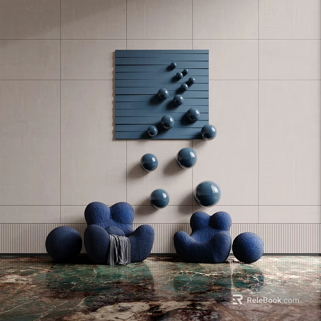 Blue Spheres Wall Decor With Striped Panel For Modern Interior Design 3d model