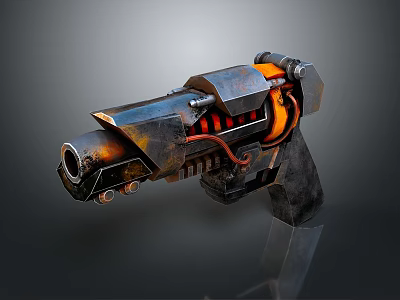 Futuristic Sci Fi Weapon Pistol With Metallic Design Orange Accents And Red Cables 3d model