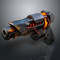 Futuristic Sci Fi Weapon Pistol With Metallic Design Orange Accents And Red Cables