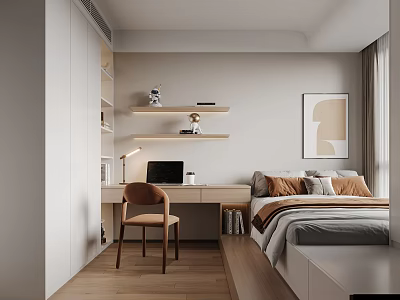 Modern Minimalist Tatami Bedroom With Desk Chair Shelves Decorations Wall Art And Wooden Flooring 3d model