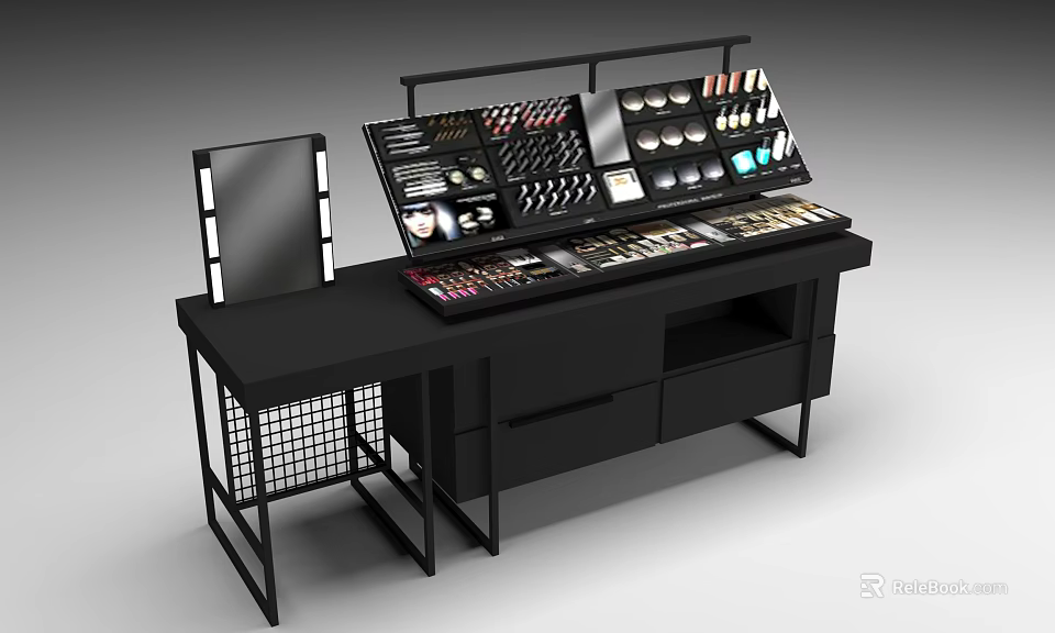 Black Modern Cosmetics Display Shelf with Multiple Shelves and Organized Makeup Products 3d model 