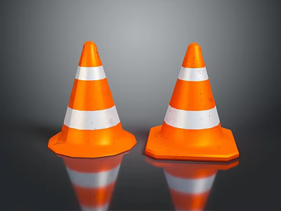 Two Orange Traffic Cones With White Reflective Stripes On Glossy Surface 3d model