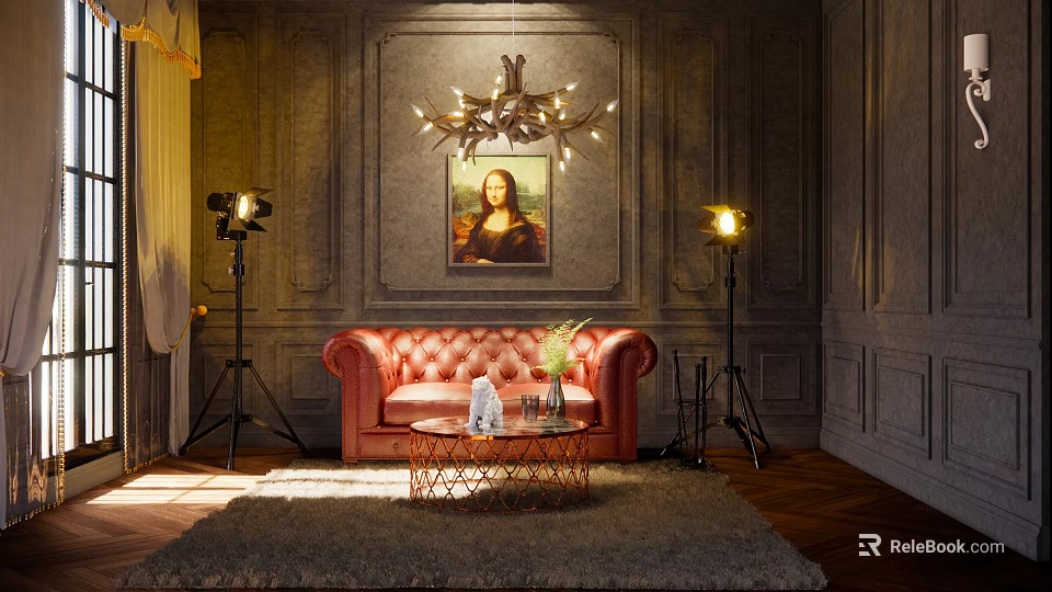 Red Tufted Leather Two Seater Sofa With Mona Lisa Painting Chandelier Floor Lamps Coffee Table 3d model 