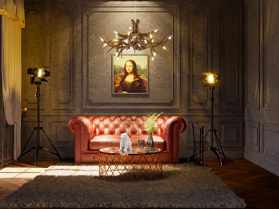 Red Tufted Leather Two Seater Sofa With Mona Lisa Painting Chandelier Floor Lamps Coffee Table 3d model