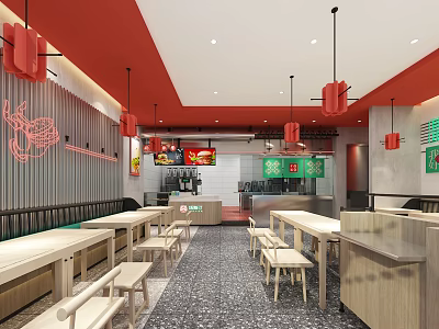 Chinese Restaurant Interior With Red Ceiling Red Pendant Lights Wooden Tables And Noodle Neon Decorations 3d model