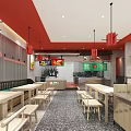 Chinese Restaurant Interior With Red Ceiling Red Pendant Lights Wooden Tables And Noodle Neon Decorations
