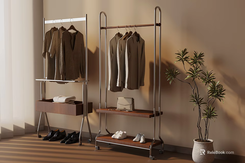 Modern Clothing Racks With Hanging Coats Shoes And Storage Shelves 3d model 