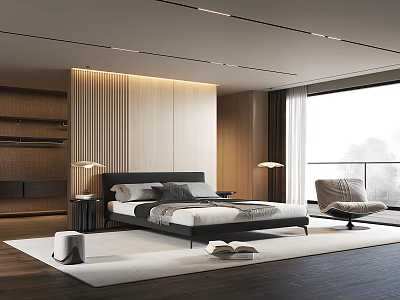 Modern Bedroom Interior Design With Wooden Headboard Large Bed Nightstands And Floor to Ceiling Windows 3d model