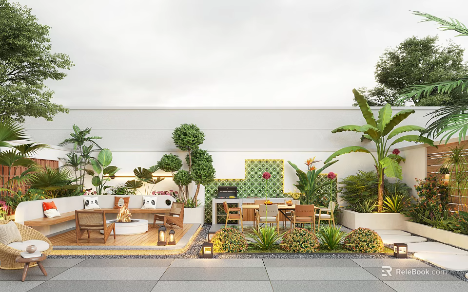 Lush Tropical Garden With Outdoor Seating Fire Pit And Dining Area 3d model 