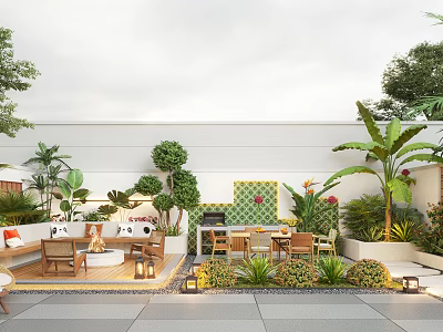 Lush Tropical Garden With Outdoor Seating Fire Pit And Dining Area 3d model