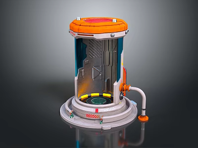 Futuristic Cylindrical Industrial Device With Orange Top Transparent Side Metal Base And Warning Stripes 3d model