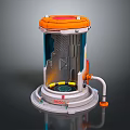 Futuristic Cylindrical Industrial Device With Orange Top Transparent Side Metal Base And Warning Stripes