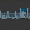 Cartoon Graveyard Scene with White Fence Blue Roof Tombstones Flaming Torches Green Ground Broken Pieces
