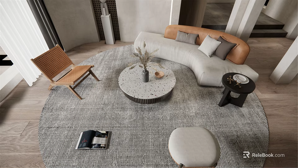 Modern Curved Sofa And Round Coffee Table Set With Gray Cushions Textured Rug And Stool 3d model 