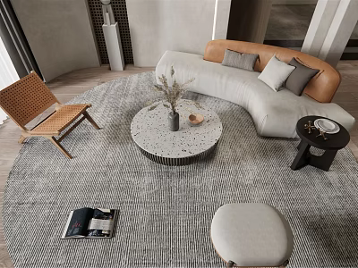 Modern Curved Sofa And Round Coffee Table Set With Gray Cushions Textured Rug And Stool 3d model