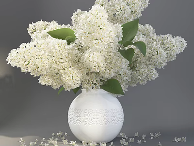 White Carved Vase With White Lilac Flowers Green Leaves And Scattered Petals On Gray Background 3d model