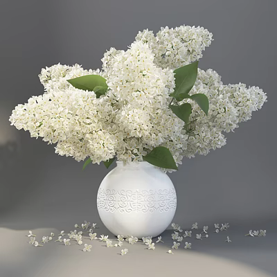 White Carved Vase With White Lilac Flowers Green Leaves And Scattered Petals On Gray Background 3d model