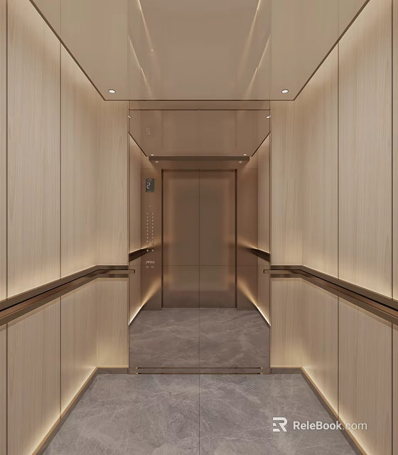 Modern Luxury Elevator Interior Design With Metallic Panels And Marble Floor Lighting 3d model