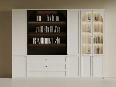 Modern White Bookcase Interior with Open Shelves Glass Doors Drawers and Books 3d model