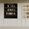 Modern White Bookcase Interior with Open Shelves Glass Doors Drawers and Books