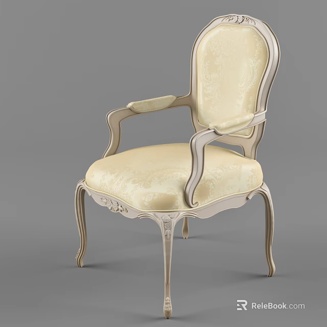 Elegant Classic Dining Chair With Carved Wooden Frame And Beige Patterned Upholstery 3d model 