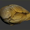 Yellow Wooden Owl Sculpture With Carved Feathers On Dark Background And Reflection
