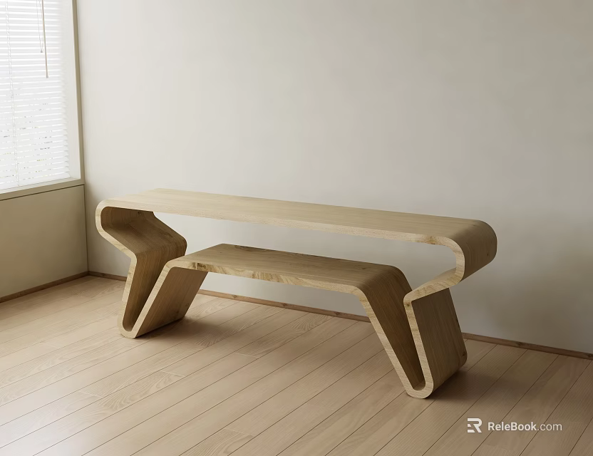 Modern Unique Curved Shape Wooden Stool In Room With Wooden Floor White Wall And Window 3d model 