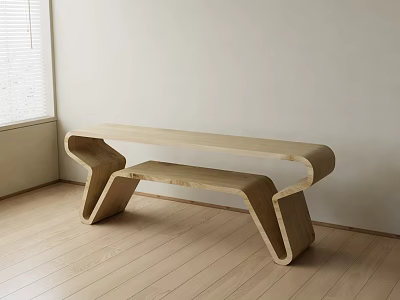 Modern Unique Curved Shape Wooden Stool In Room With Wooden Floor White Wall And Window 3d model