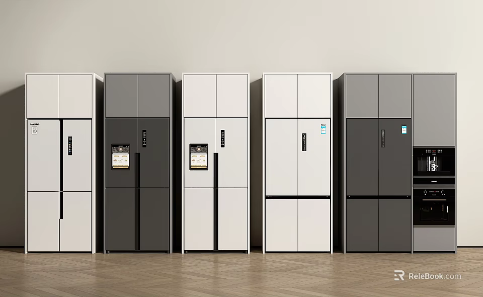 Modern Refrigerators and Freezers in White and Gray Colors Displayed Side by Side 3d model 