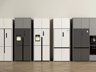 Modern Refrigerators and Freezers in White and Gray Colors Displayed Side by Side 3d model