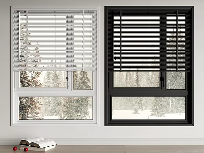Modern White and Black Casement Windows With Blinds and Snowy Trees View Outside 3d model
